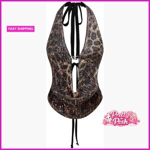 Sequin Cheetah Print Corset Halter Tie Back Crop Top